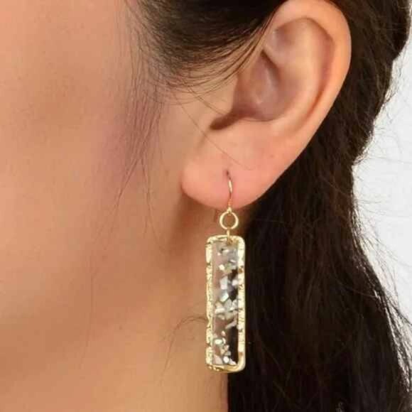 Thin Rectangle Geo Gold Glass Mother Pearl Opalescent Shell Dangle Earrings - Picture 2 of 6
